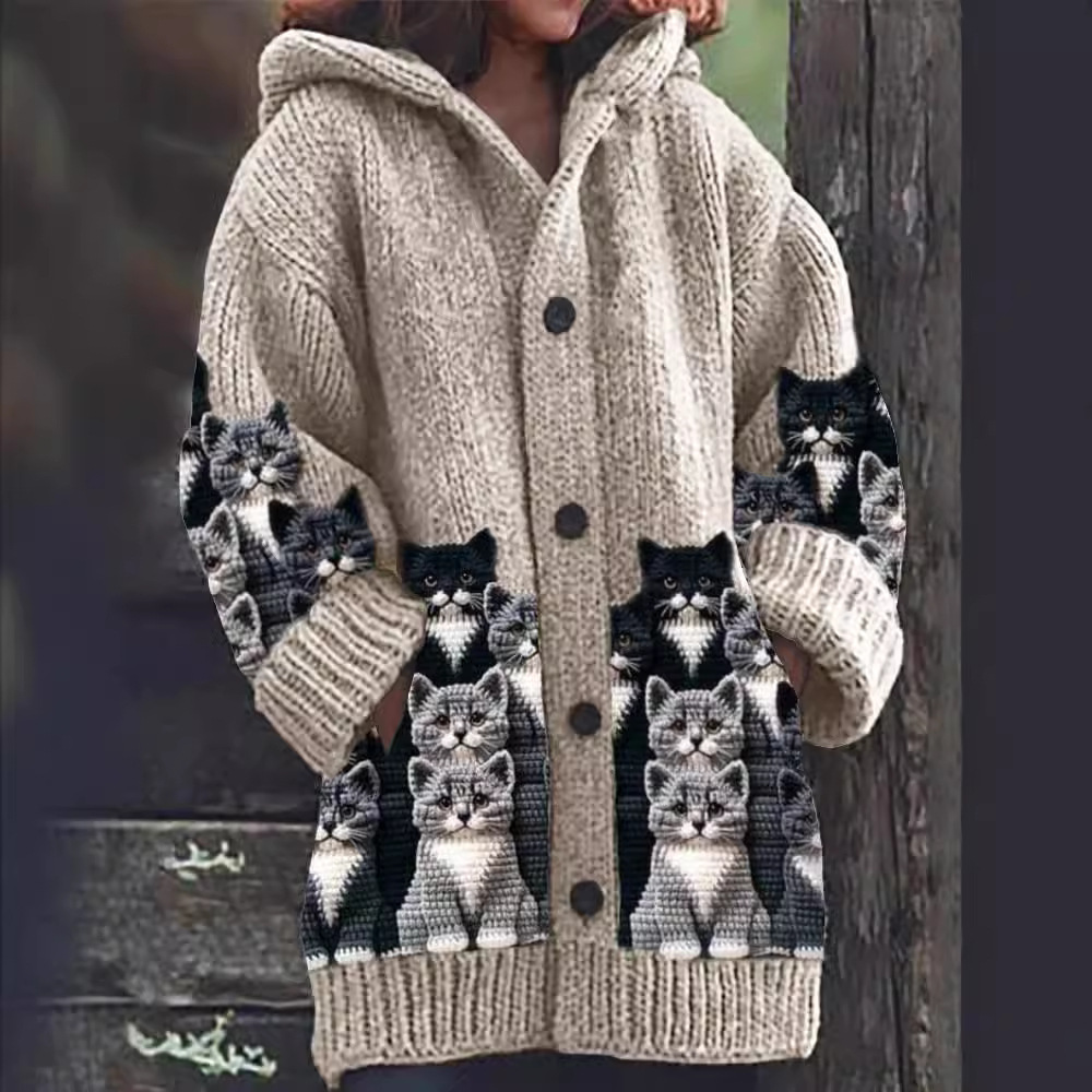 Hooded Knit Cardigan - Cat Print Design