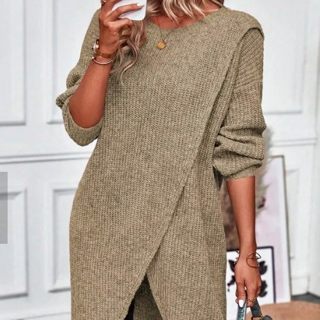 Knit Midi Wrap Dress - Long Sleeve Asymmetric Hem