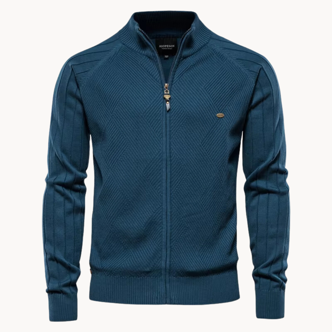 Full Zip Knit Jacket - Ribbed Shoulders and High Collar