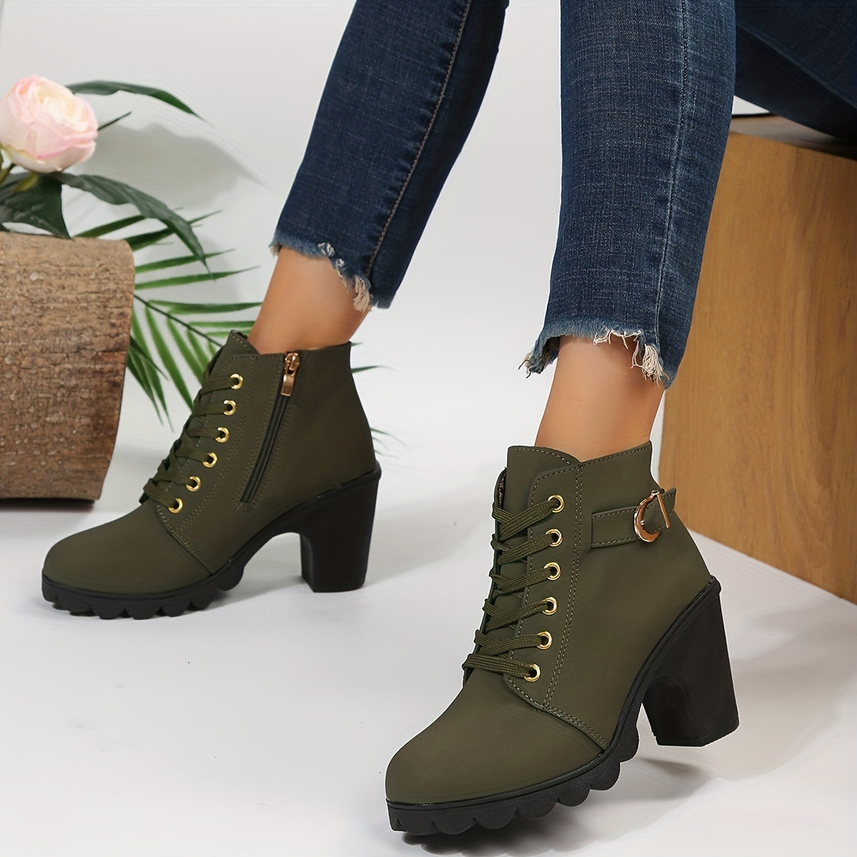 Ankle Boots - Block Heel Lace Up Design