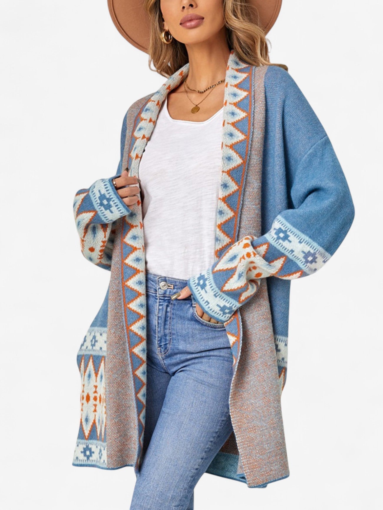 Women's Aztec Knitted Open Front Cardigan Sweater