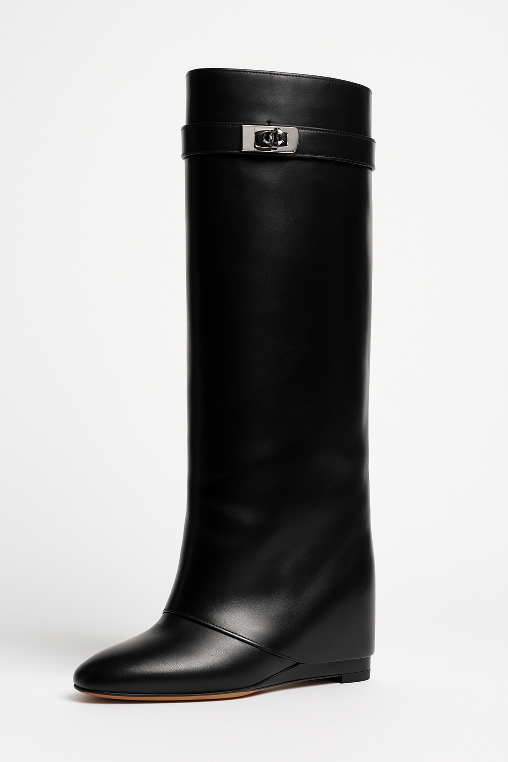Knee High Wedge Boots - Sleek Turn Lock Detail