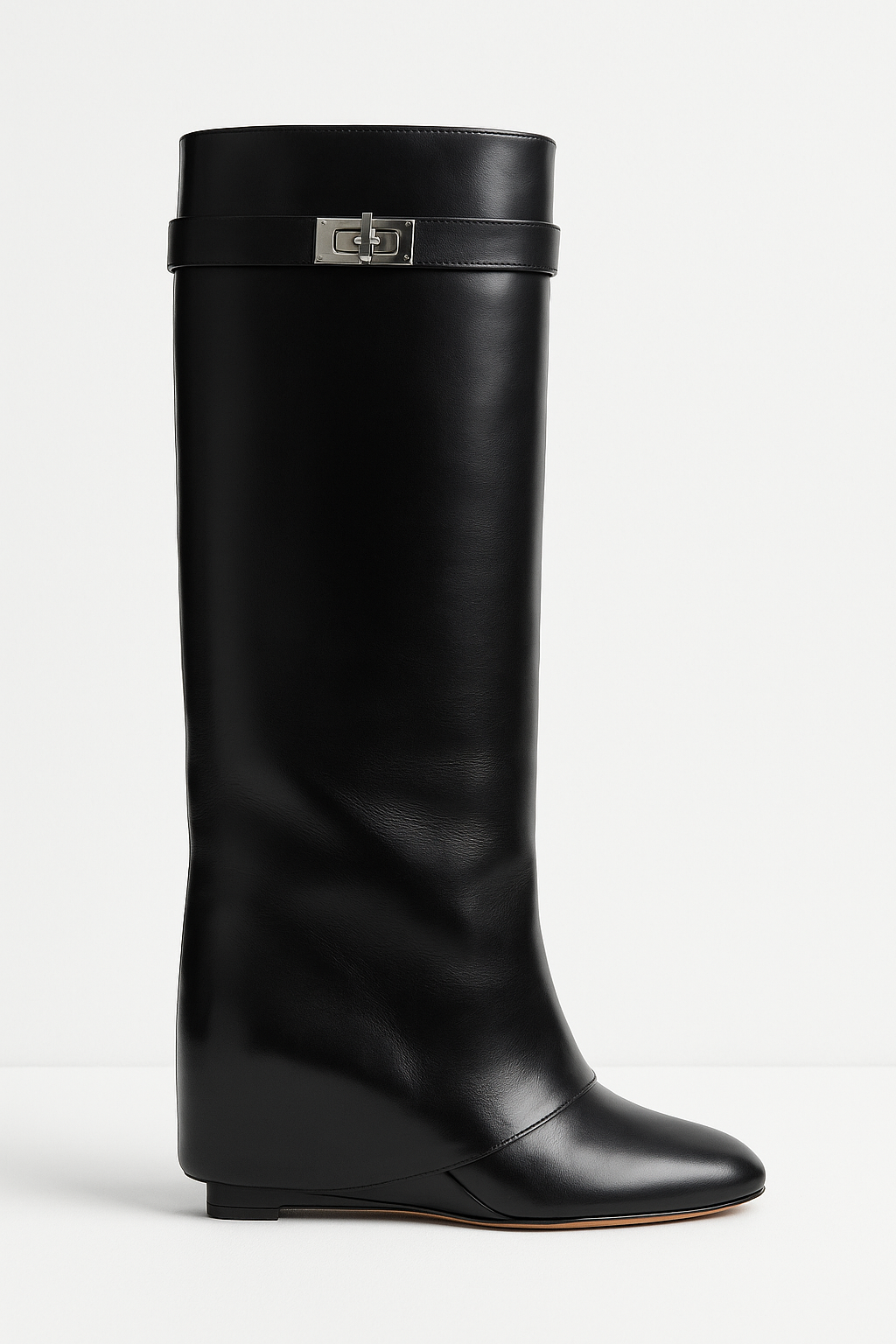 Knee High Wedge Boots - Sleek Turn Lock Detail