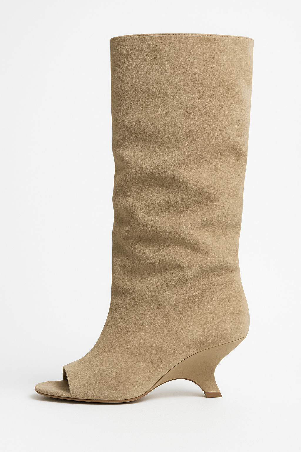 Knee High Boots - Peep Toe Sculpted Wedge Heel