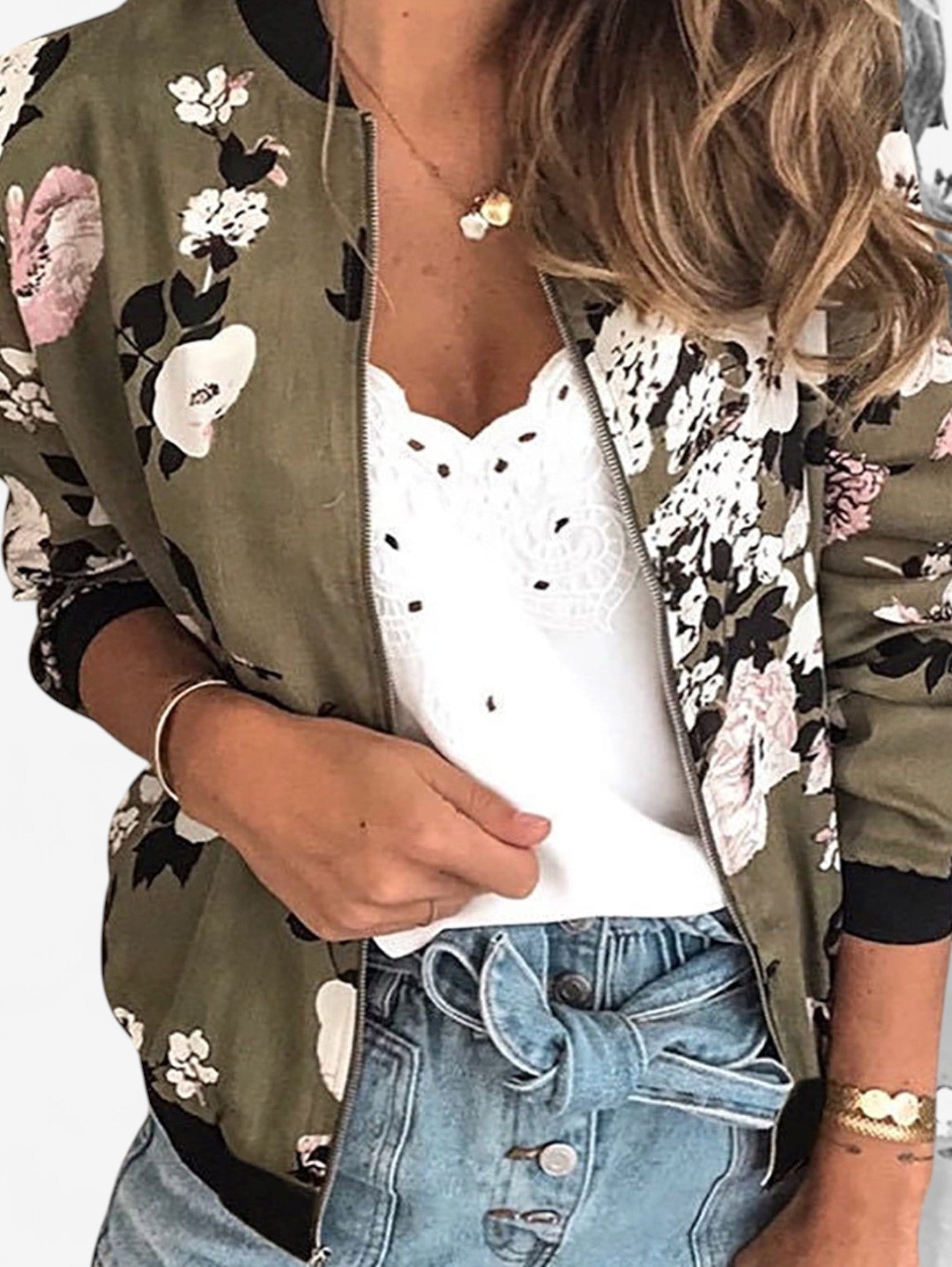 Women's Floral Zip Up Bomber Jacket Long Sleeve
