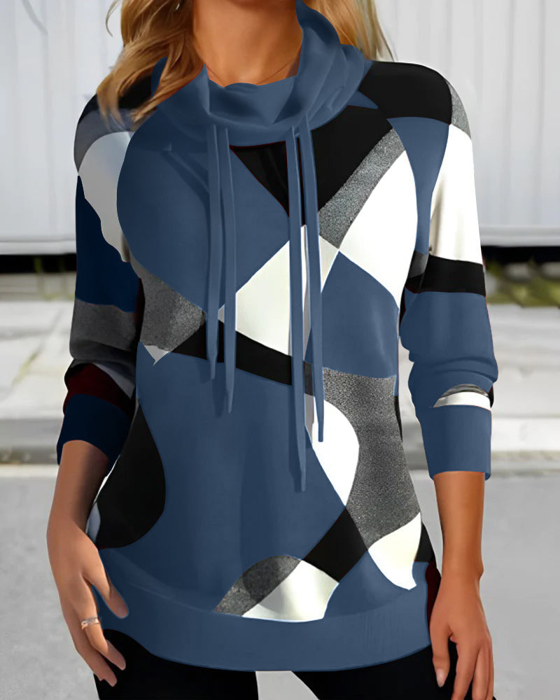 Cowl Neck Long Sleeve Top - Abstract Print Design