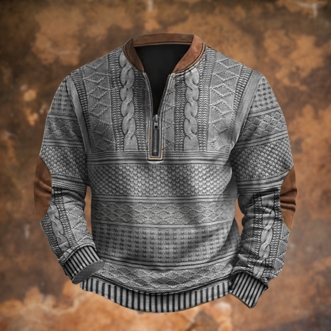 Quarter Zip Sweater - Textured Knit with Elbow Patch Detail