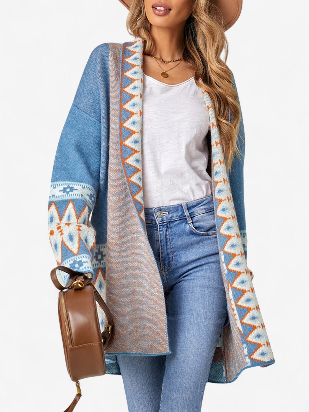 Women's Aztec Knitted Open Front Cardigan Sweater