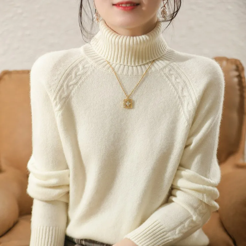 Turtleneck Knit Jumper - Slim Fit with Cable Detail