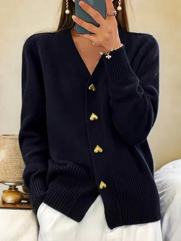 V Neck Knit Cardigan - Heart Button Detail