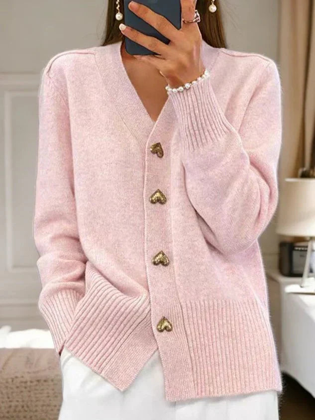 V Neck Knit Cardigan - Heart Button Detail
