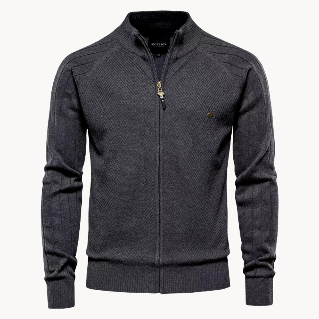 Full Zip Knit Jacket - Ribbed Shoulders and High Collar