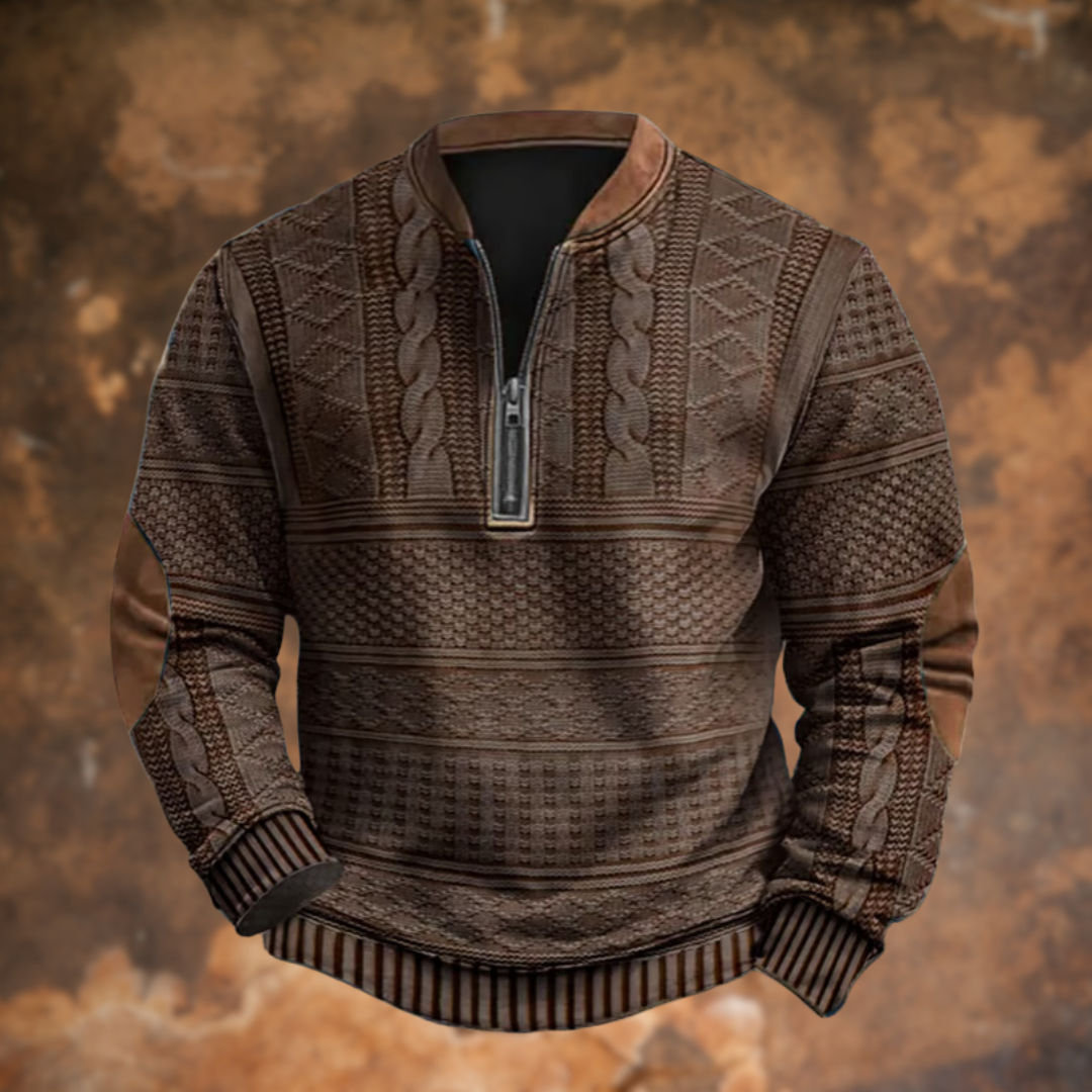 Quarter Zip Sweater - Textured Knit with Elbow Patch Detail