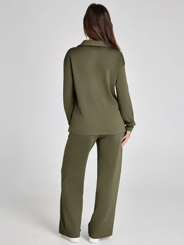 Loungewear Set - V Neck Top with Wide Leg Trousers