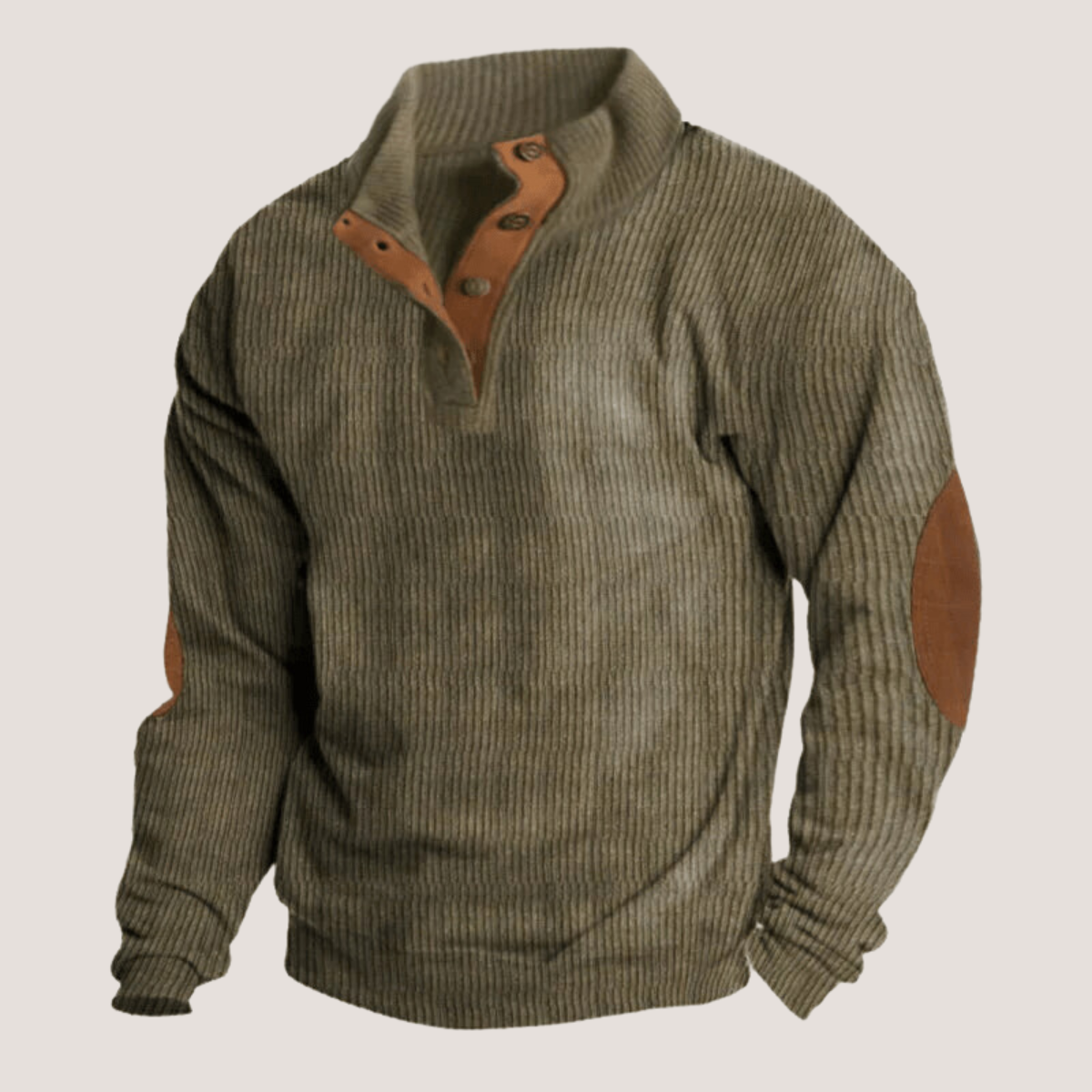 Button Neck Sweater | Ribbed Knit with Elbow Patch Detail