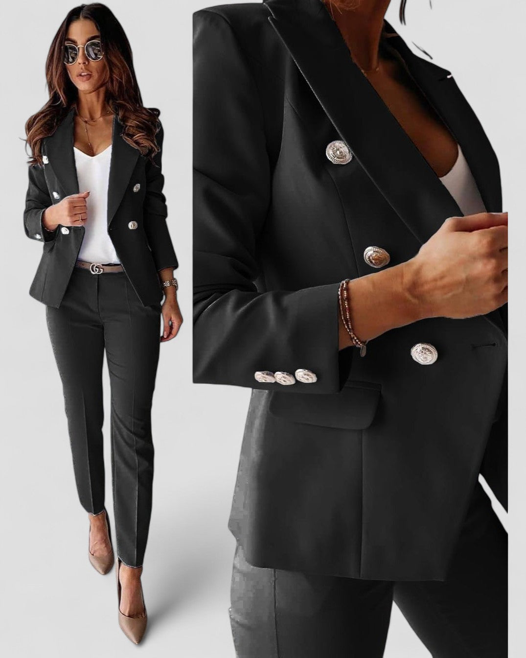 Blazer Suit Set - Double Breasted Jacket with Slim Trousers