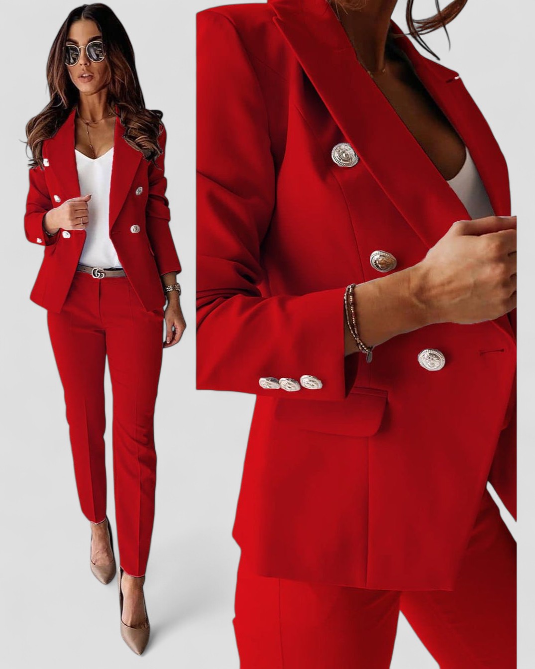 Blazer Suit Set - Double Breasted Jacket with Slim Trousers