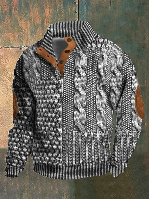 Patterned Knit Sweater - Button Collar with Textured Design