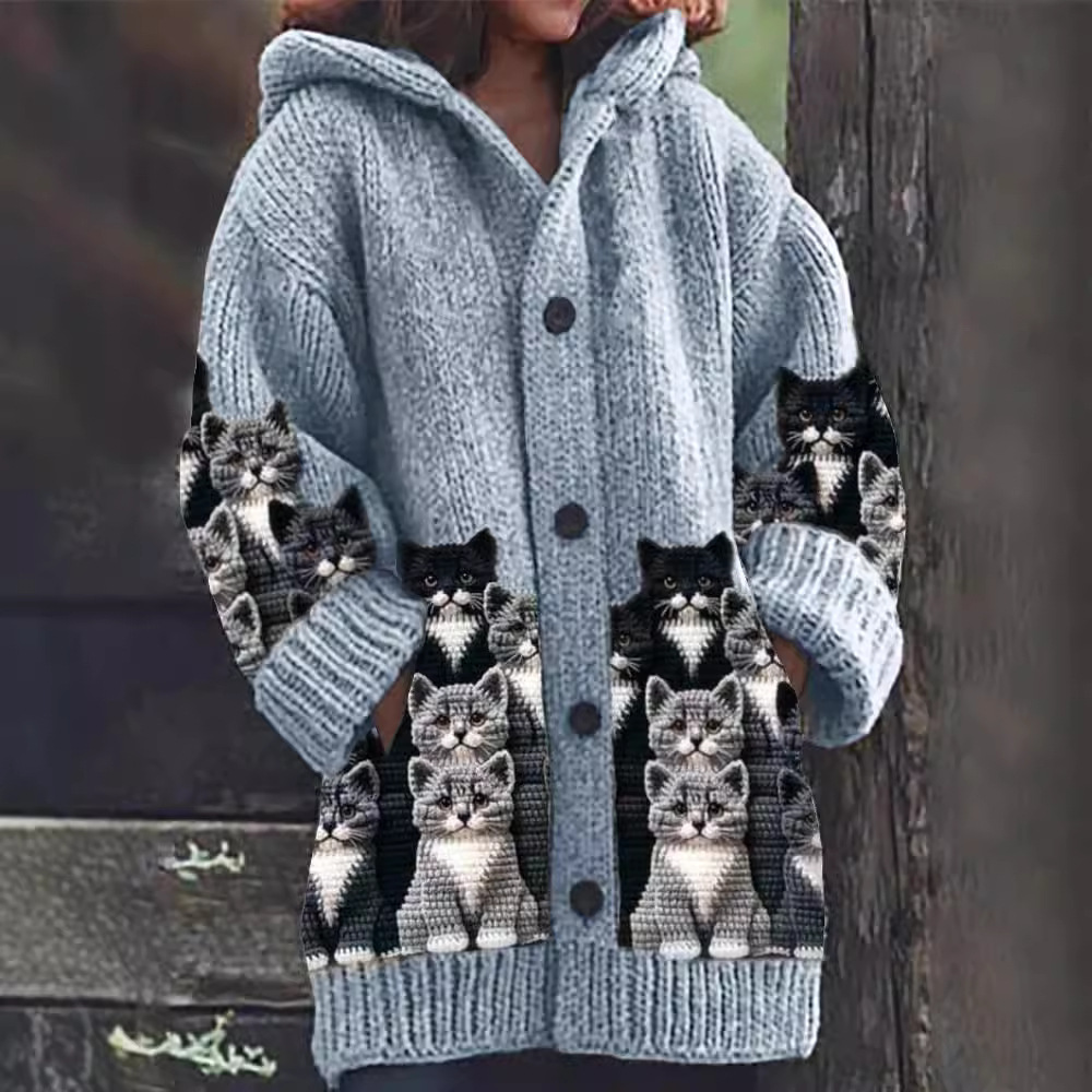 Hooded Knit Cardigan - Cat Print Design