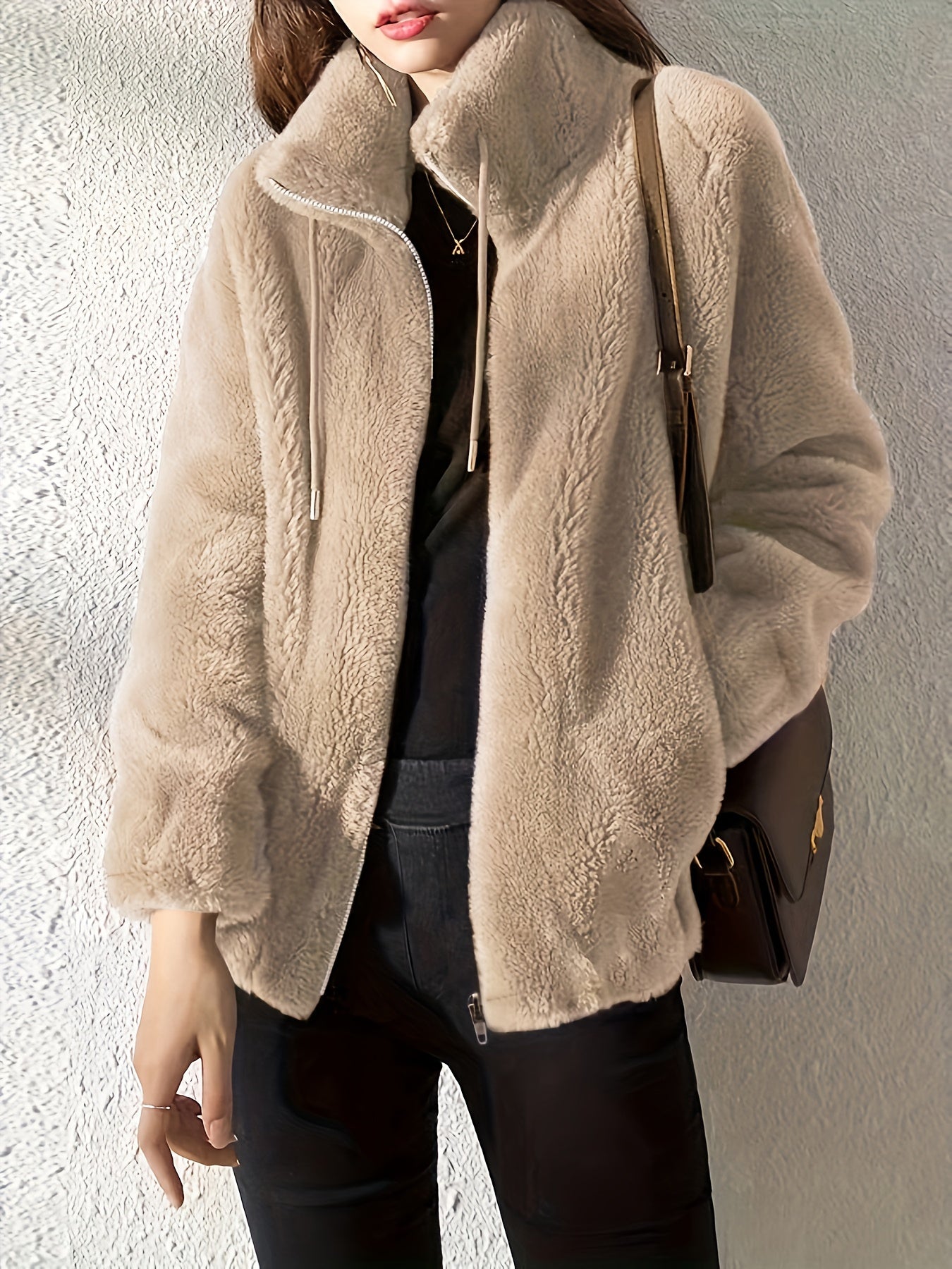 Teddy Jacket - High Neck Zip Up with Drawstring