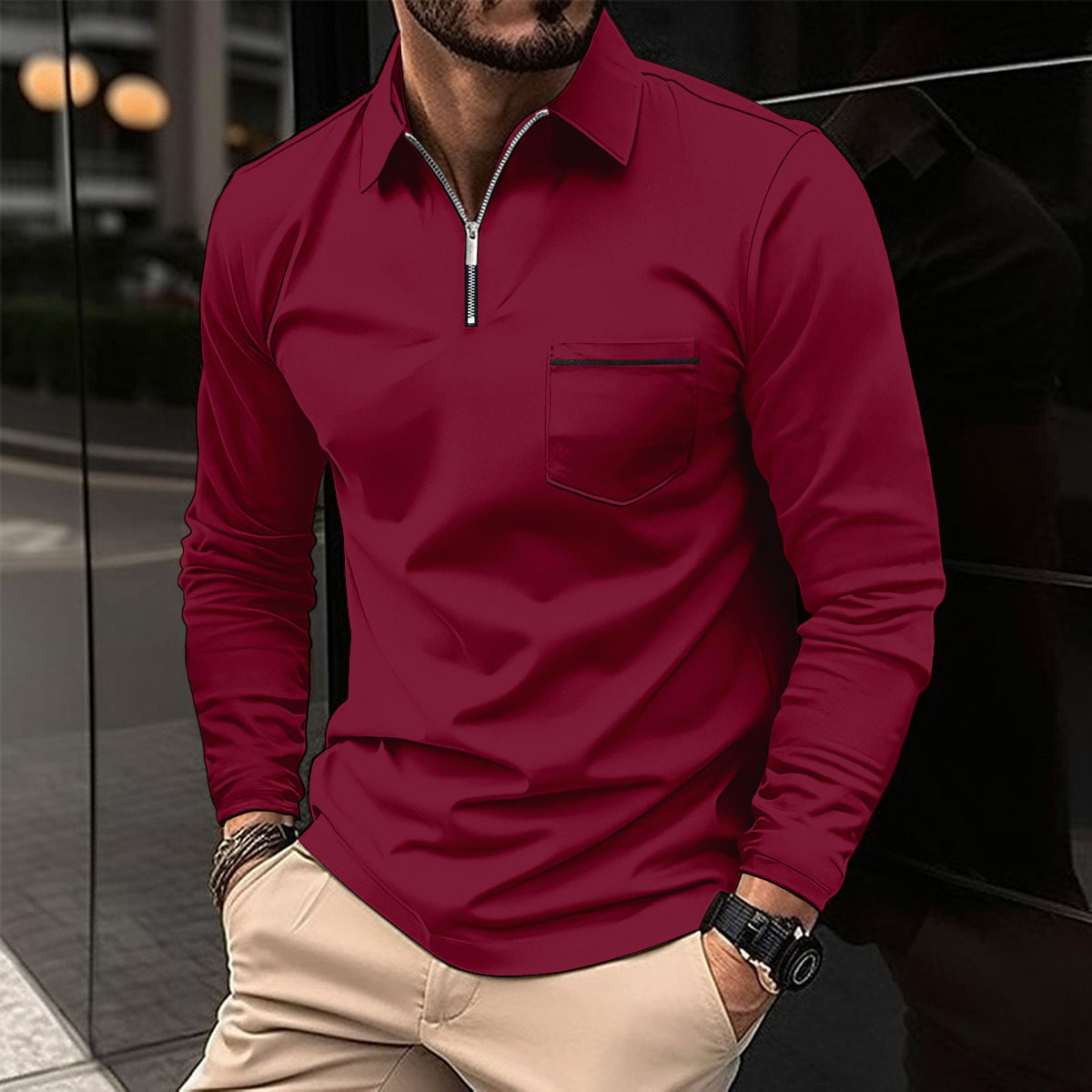 Long Sleeve Polo Shirt | Zip Neck with Chest Pocket