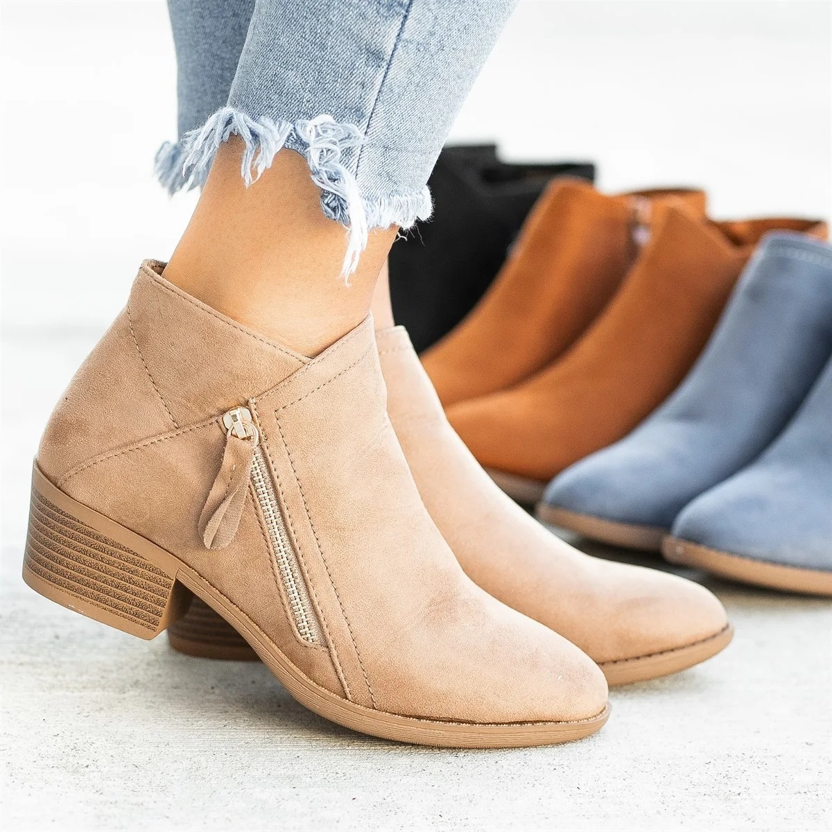 Heeled Ankle Boots - Side Zip Block Heel