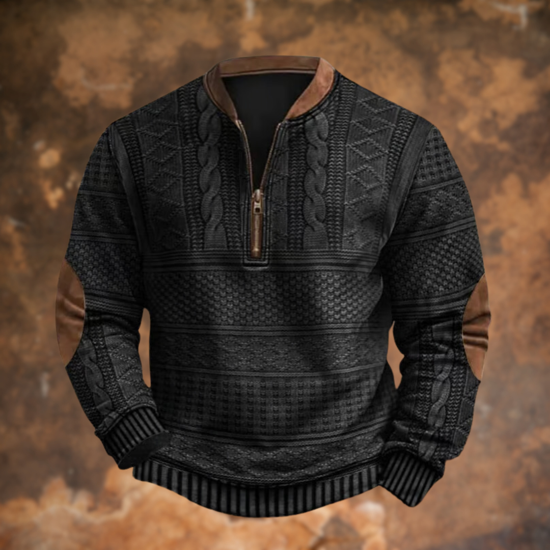 Half Zip Sweater - Textured Knit with Elbow Patch Detail