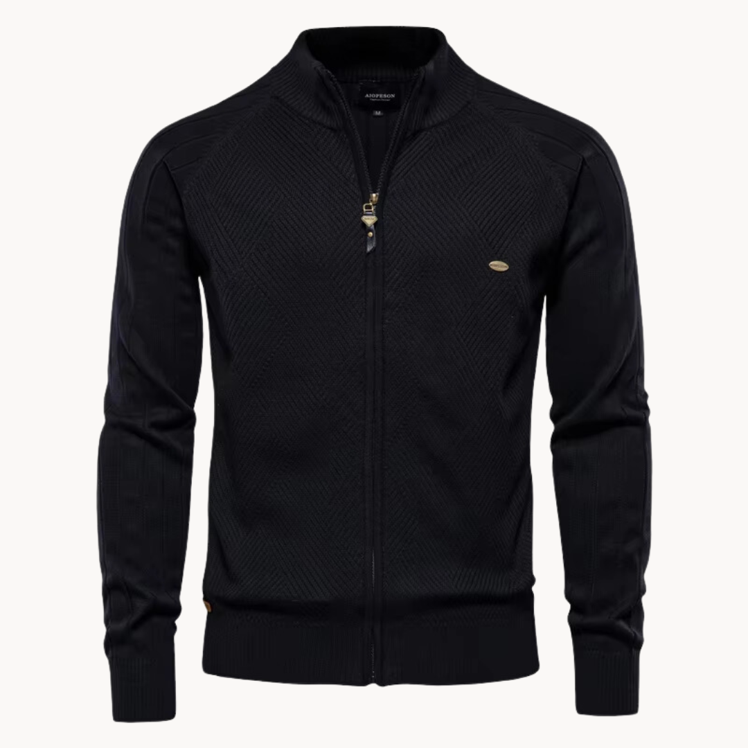 Full Zip Knit Jacket - Ribbed Shoulders and High Collar