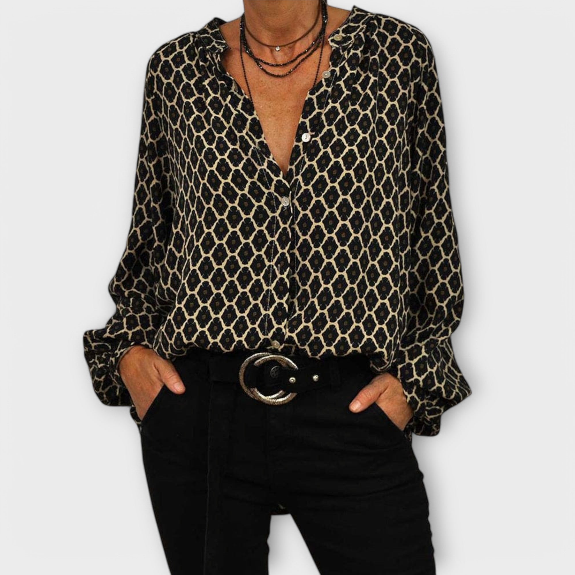 Long Sleeve Blouse | V Neck Button Design