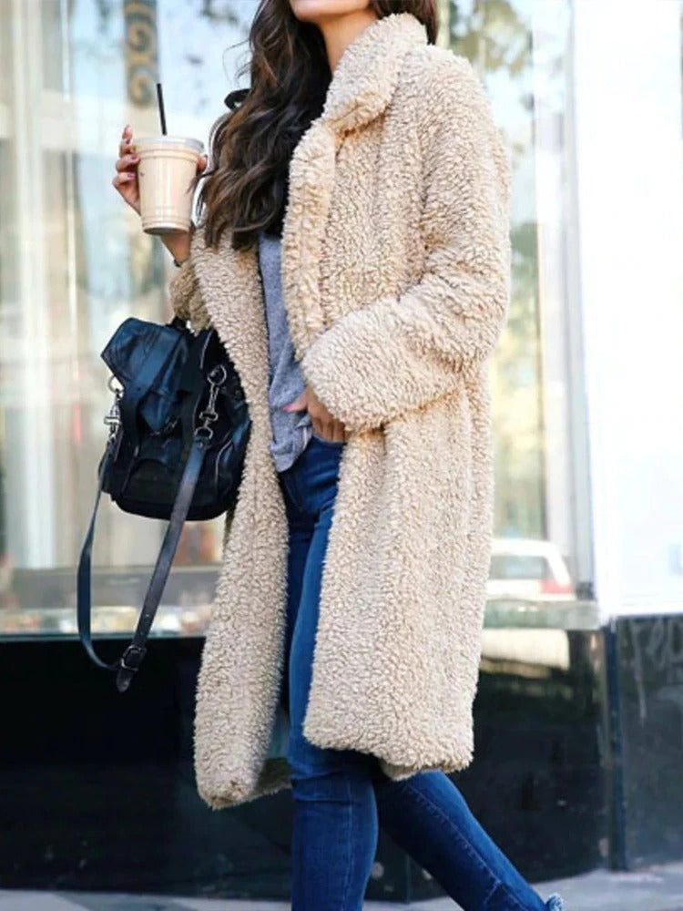 Long Teddy Coat - Open Front with Relaxed Fit