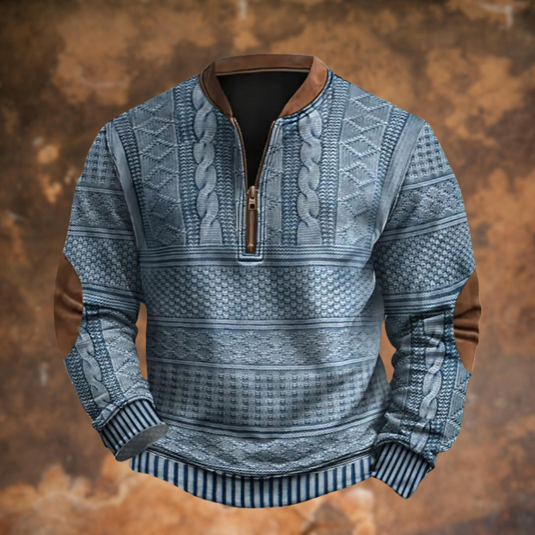 Half Zip Sweater - Textured Knit with Elbow Patch Detail
