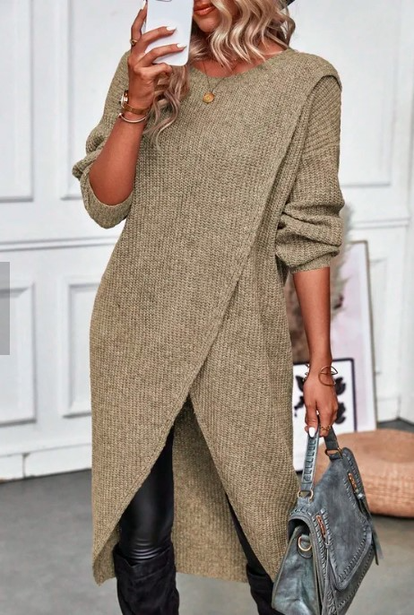 Knit Midi Wrap Dress - Long Sleeve Asymmetric Hem