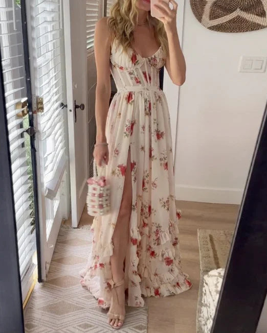 Women's Floral Ruffle Corset Wedding Guest Maxi Dress