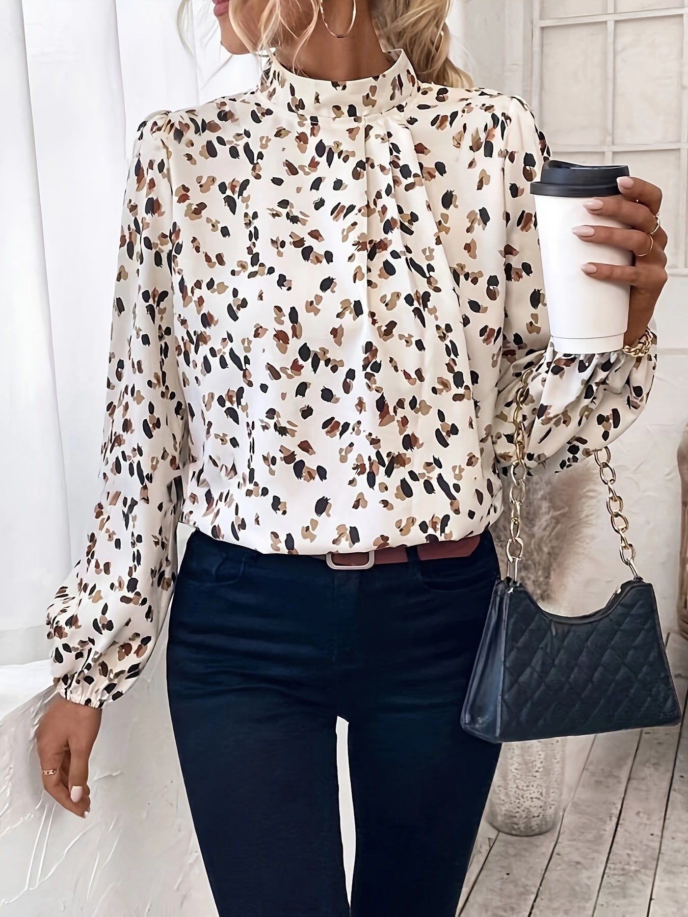 Long Sleeve Printed Blouse - High Neck Smart Fit