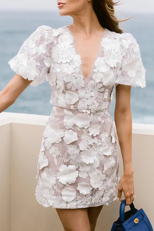 Short Sleeve Mini Dress - V Neck with Floral Detail