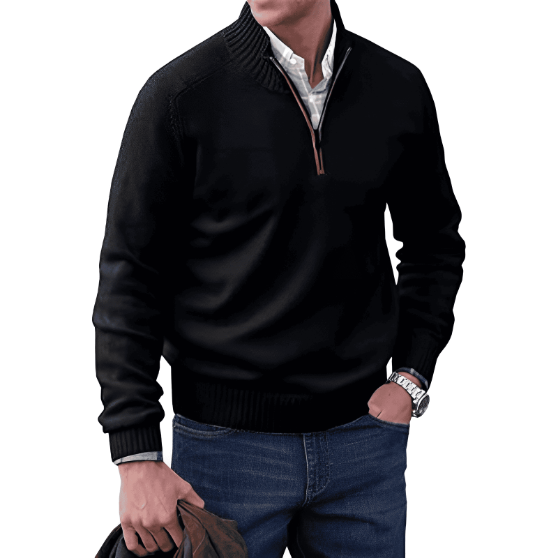 Half Zip Sweater - Ribbed Collar and Long Sleeve Design