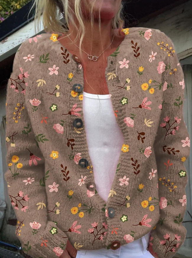 Button Up Knitted Cardigan - Floral Pattern