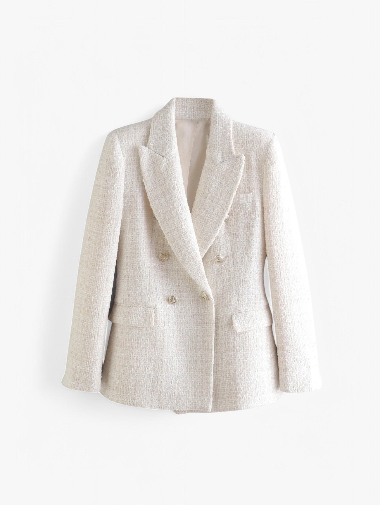 Women's Elegant Textured Tweed Fitted Blazer Jacket with Gold Buttons