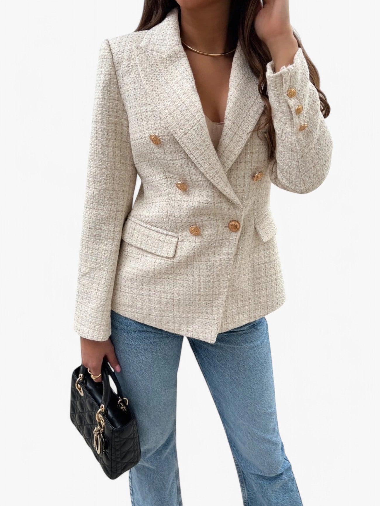 Women's Elegant Textured Tweed Fitted Blazer Jacket with Gold Buttons