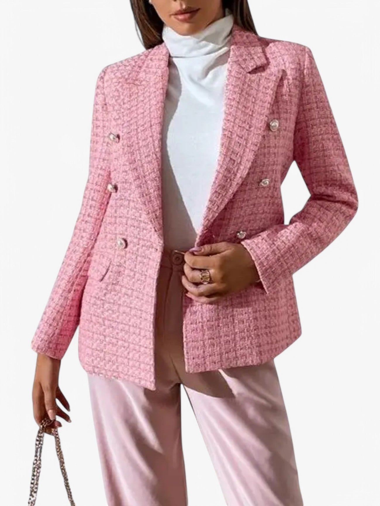 Women's Elegant Textured Tweed Fitted Blazer Jacket with Gold Buttons