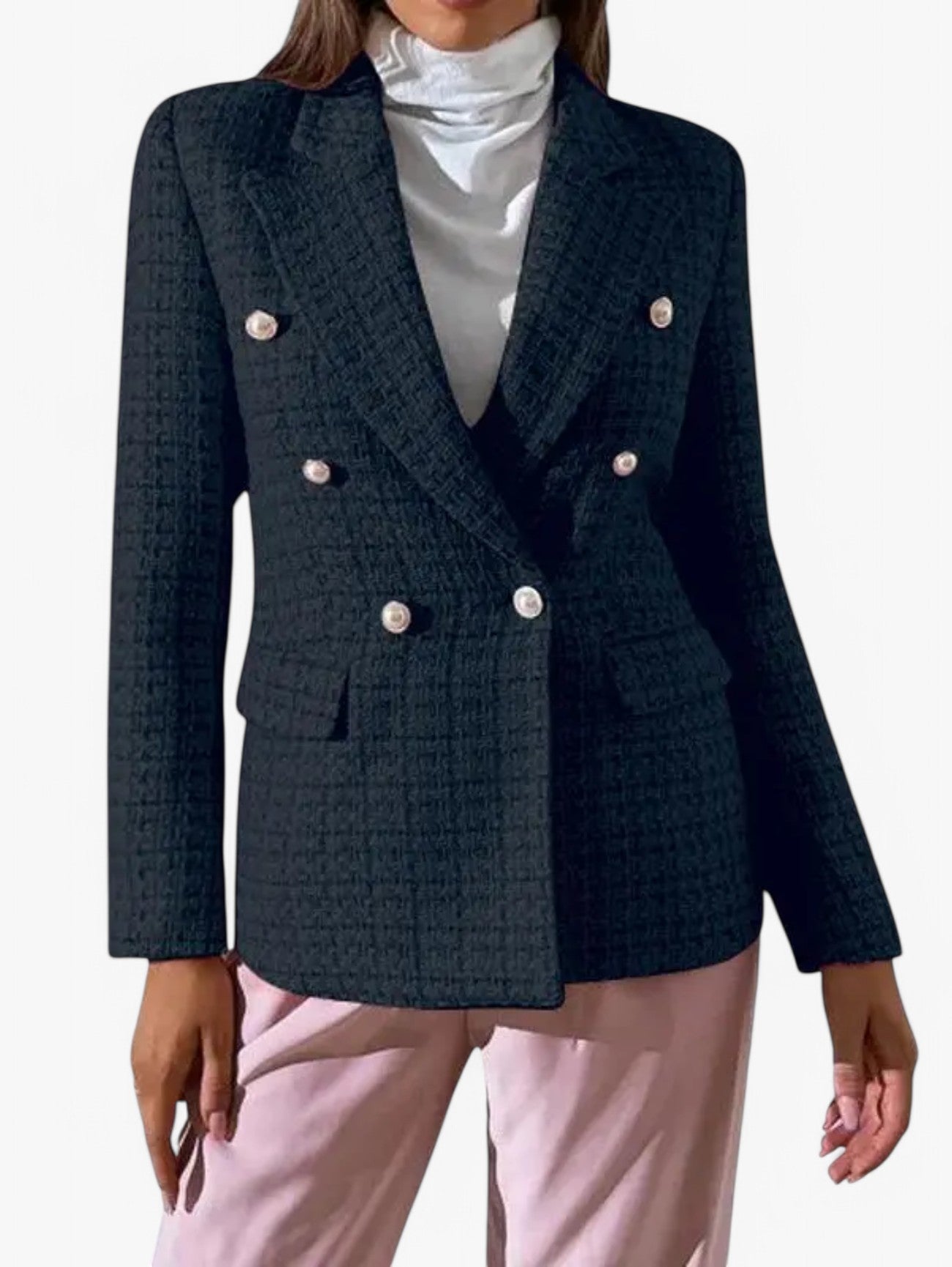 Women's Elegant Textured Tweed Fitted Blazer Jacket with Gold Buttons