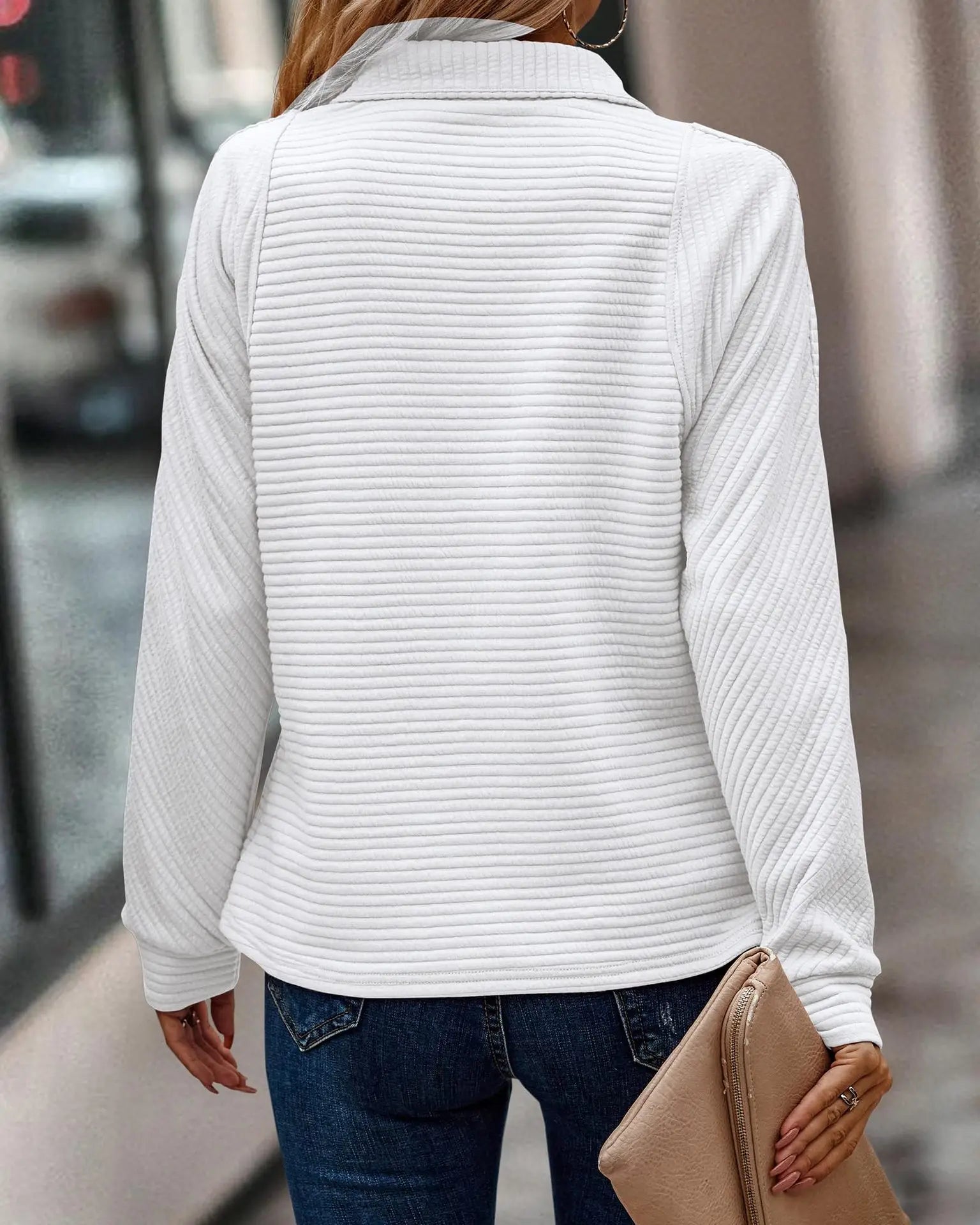 Half Zip Sweatshirt - Ribbed Texture with High Collar
