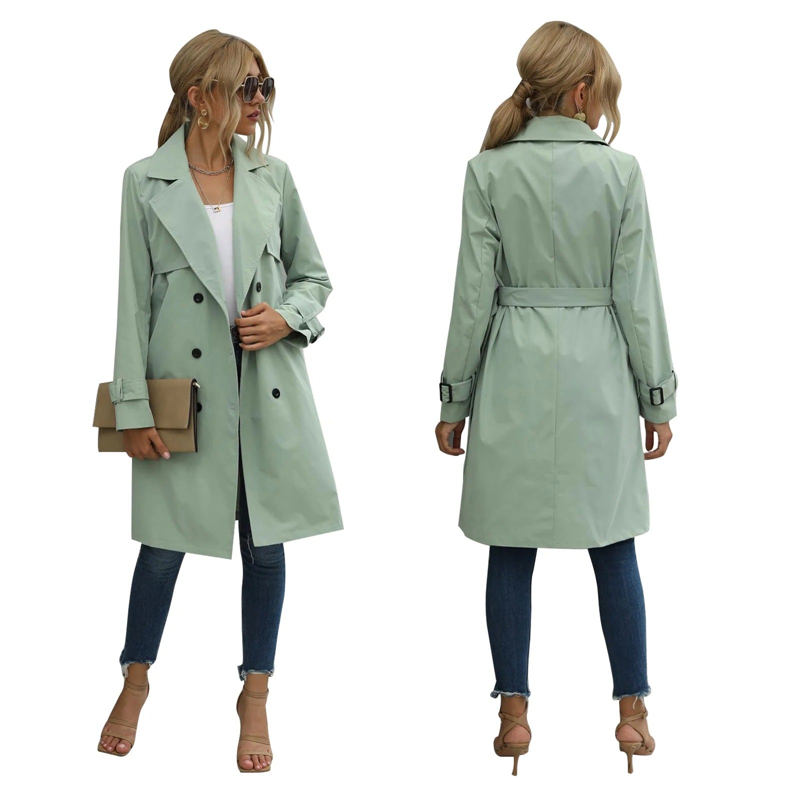 Trench Coat - Double Button Front with Belted Waist
