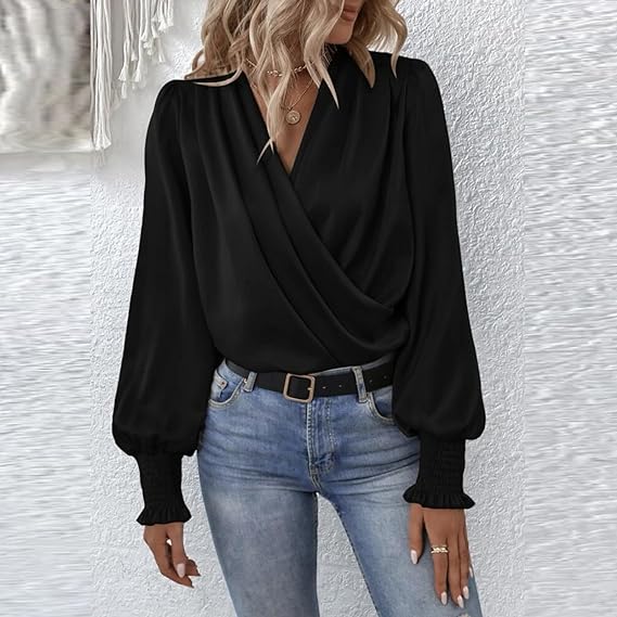 Celestia | Elegant V-Neck Blouse Top with Balloon Sleeves