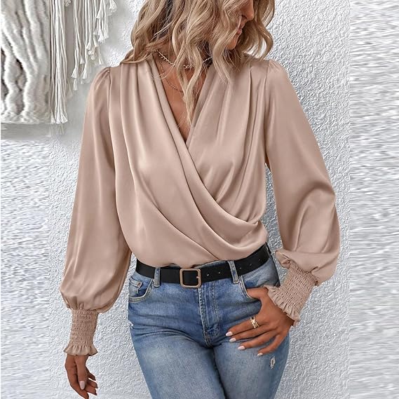 Celestia | Elegant V-Neck Blouse Top with Balloon Sleeves