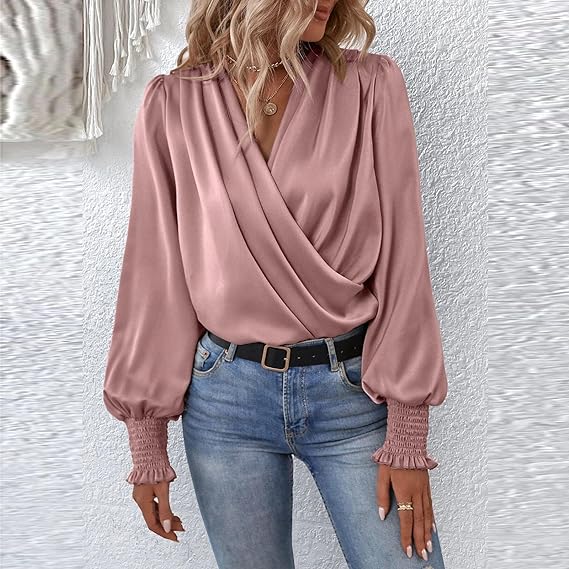 Celestia | Elegant V-Neck Blouse Top with Balloon Sleeves