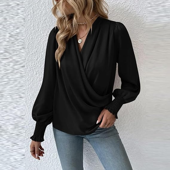 Celestia | Elegant V-Neck Blouse Top with Balloon Sleeves