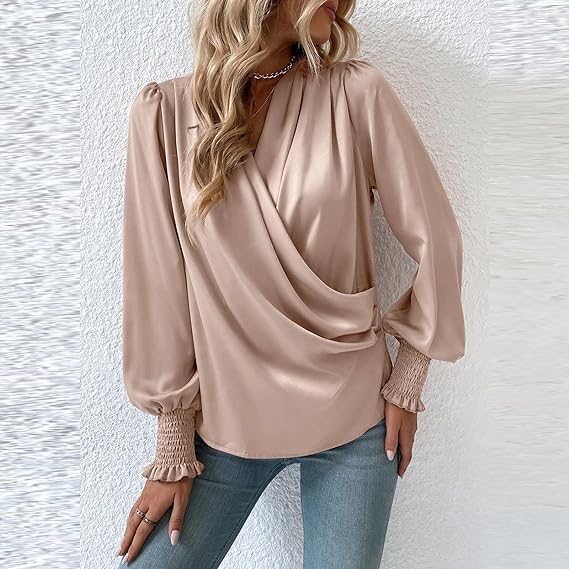 Celestia | Elegant V-Neck Blouse Top with Balloon Sleeves