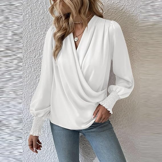 Celestia | Elegant V-Neck Blouse Top with Balloon Sleeves