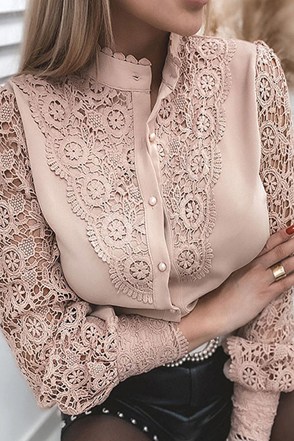 Celestia | Elegant Lace Top with Hollow Design and Mandarin Collar